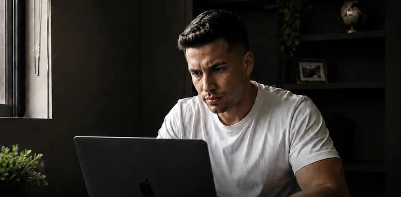 Persona trabajando frente a un computador, concentrada y agotada