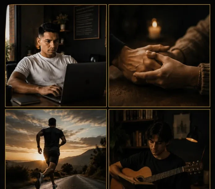 Collage de trabajo, relaciones, salud y propósito